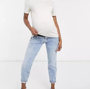 Maternity comfort stretch overbump mom jeans in mid blue